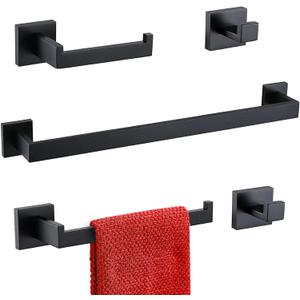 TURS Black Bathroom Towel Bar Set Square 5 Pieces Bathroom Hardware Set Matte Black Towel Holder Set Wall Mounted,SUS304 Stainless Steel, 23.6 Inch