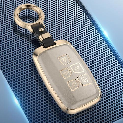 YUBOMT Key Fob Cover for Range Rover 5 Buttons Aluminum Alloy Car Key Case with Key Ring for L-and Rover Discovery Sport Defender Evoque Velar Jaguar XF XE XJ XJL F-pace F-Type, Gold
