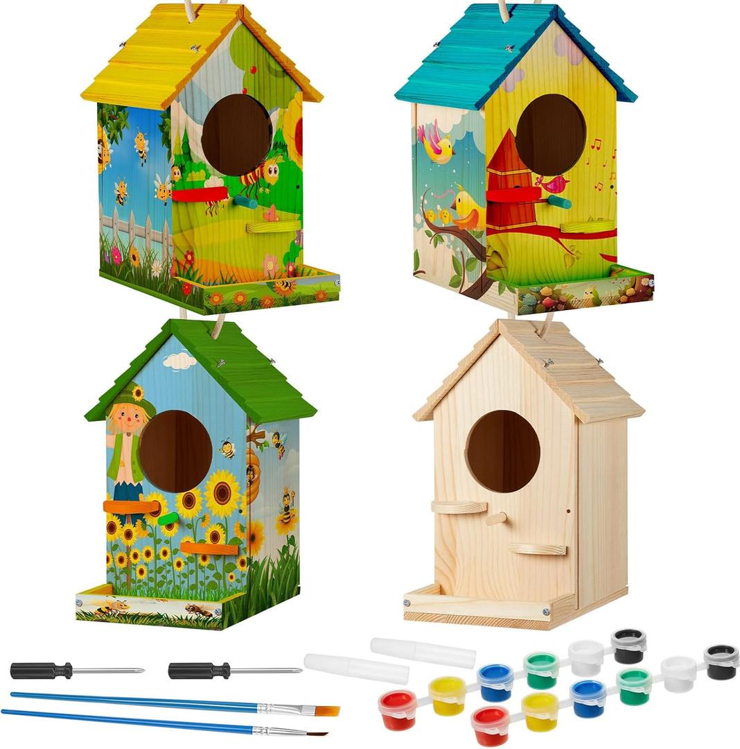 Liliful 4 Pack Birdhouse Kit, DIY Wooden Crafts for Kids and Adults, Bird House with Paint and Brushes Painting Kits for Boys and Girls, Spring Birthday Classroom Gifts for Ages 3-5 4-8 8-12