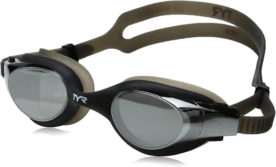 TYR Adult Vesi Mirrored and Non-Mirrored Swimming Goggles with Wide Peripheral Range, Anti Fog, No Leak, and Quick Adjust (Black)