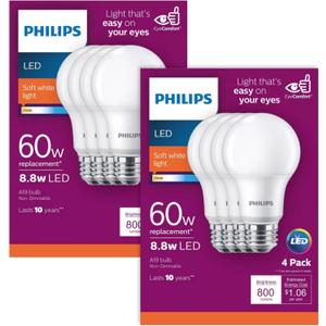 PHILIPS LED Frosted Non-Dimmable A19 Light Bulb - Pack of 8 - EyeComfort Flicker Free - 8.8W = 60W - 800 Lumen - Soft White (2700K) - E26 Base - Indoor - Title 20