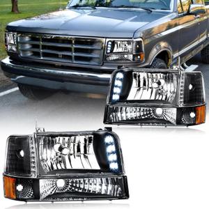 LED Headlights for 92-96 Ford F150 F250 F350 Bronco 1992 1993 1994 1995 1996 Replacements Assembly W/LED Bar Black Housing Amber Reflector