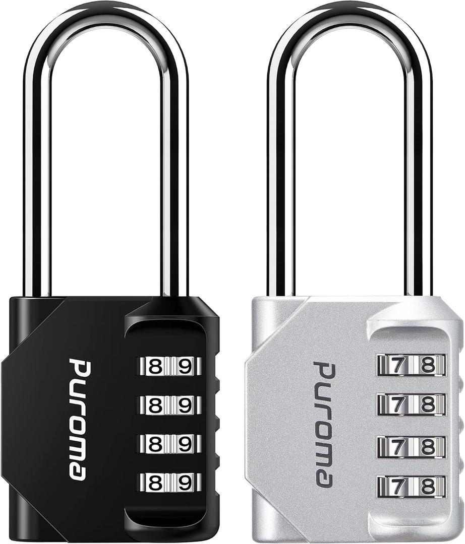 Puroma 2 Pack 2.6 Inch Long Shackle Combination Lock 4 Digit Outdoor Waterproof Padlock for School Gym Locker, Sports Locker, Fence, Gate, Toolbox, Case, Hasp Storage (Silver & Black)