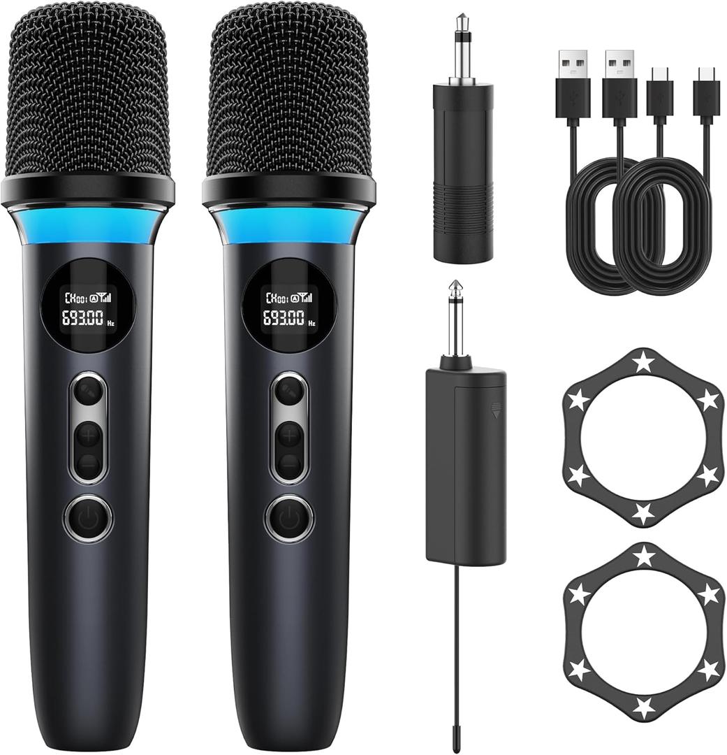 Wireless Microphone, One-Touch Mute & Dynamic RGB Lighting, Professional-Grade Dual Handheld Dynamic Microphone, 200-Foot Ultra-Long Range & 40-Hour Battery Life. for Singing and Family Gatherings.
