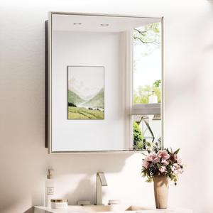 TokeShimi 26x30 Recessed or Surface Mounted Medicine Cabinet Mirror, Aluminum Framed Metal Mirror with Storage Adjustable, Brushed Nickel Bathroom Medicine Cabinet Mirrored Beveled Modern
