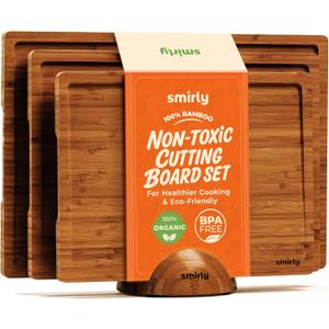 SMIRLY Wood Cutting Boards for Kitchen Wooden Chopping Board Set Reversible with Deep Juice Grooves Grip Handles, Large Charcuterie Tray, New Apartment Essentials, Carbonized Bamboo, 3Pcs with Holder