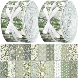 Ganeen 100 Pcs Sage Green Fabric Roll for Rug Batting Greenery Fabric Strips Jelly 2.56 Inch Leaves Floral Precut Quilting Square Bundle for Spring Patchwork Materials Blanket Purse Sewing DIY Crafts