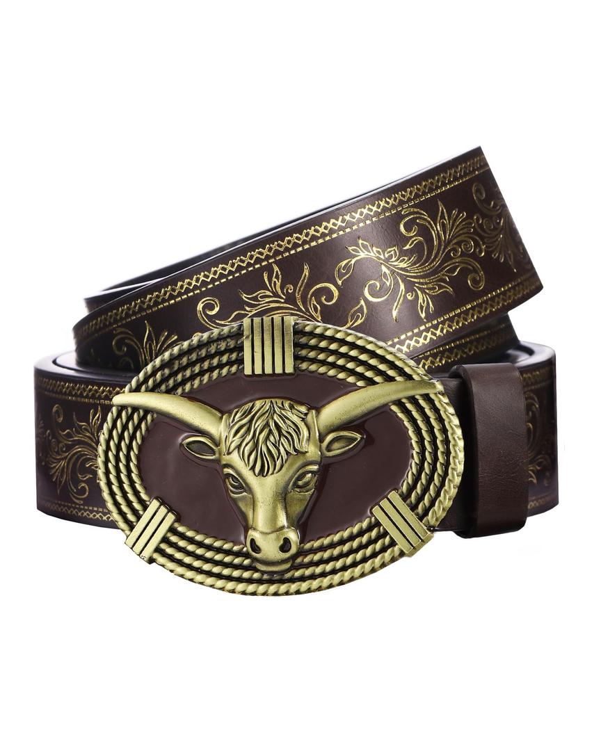PARTTELY Western Cowboy Belts for Men Women, Western Belt with Bull Buckle, Country Belt Cowboy Leather Belt for Jeans
