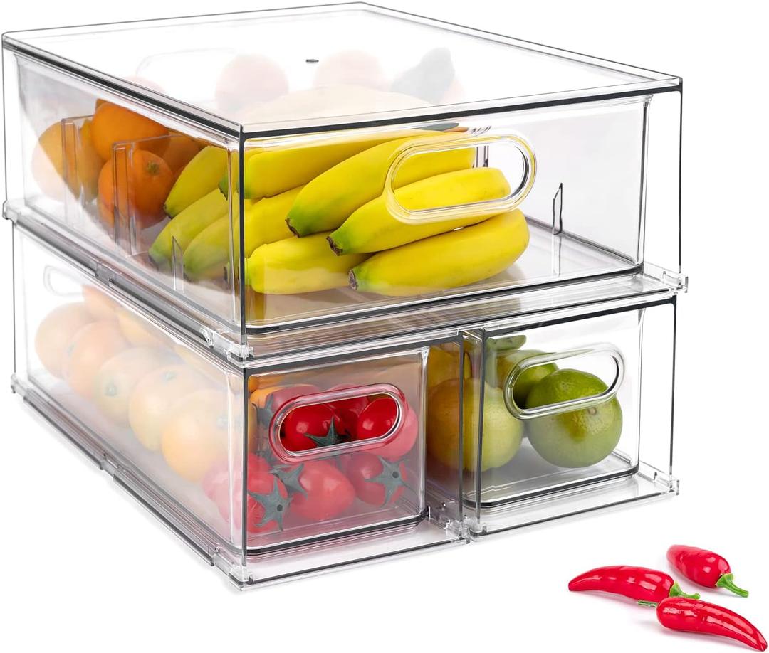 3 Pack Refrigerator Organizer Bins with Pull-out Drawer, Stackable Fridge Drawer Organizer Set with Handle, Clear Plastic Food Storage Containers for Freezer, Cabinet, Kitchen, Pantry