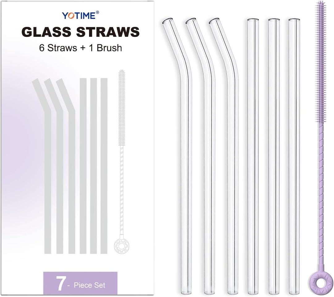 YOTIME 6-Pack Reusable Glass Straws Set, 8.5''x10MM, Set of 3 Straight and 3 Bent with 1 Silicone Cleaning Brush, Perfect for Smoothies, Juice, Milkshake and Coffee (Clear Straws, Purple Brush)