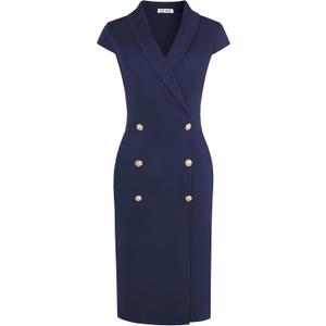GRACE KARIN Women Work Bodycon Dresses 2026,Business Office Midi Cap Sleeve Button Pencil Formal Outfits with Pockets (8, Navy Blue)