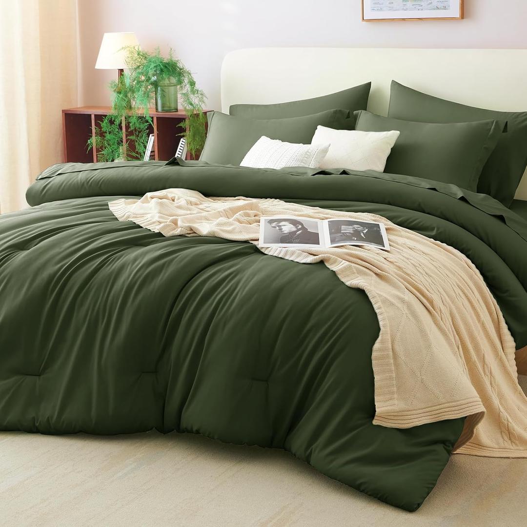 CozyLux Queen Comforter Set Olive Green, 7 Pieces Bed in a Bag Queen Comforter Set with Sheets, Bedding Sets with Down Alternative Comforter, Fitted Sheets, Flat Sheets, Pillow Shams and Pillowcases