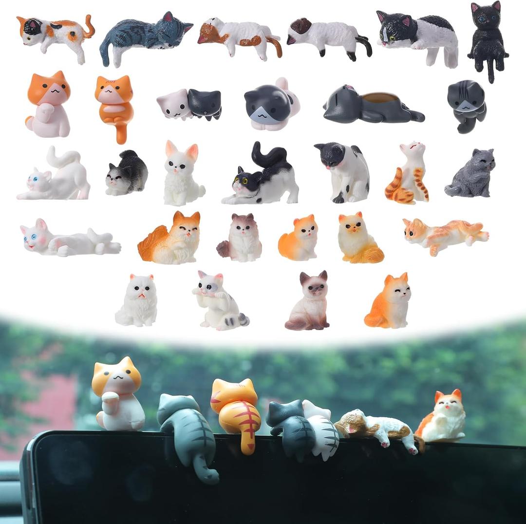 2 x Cute Cat Car Interior Accessories Dashboard Decorations, 29 Piece Car Dash Decor Rearview Mirror Ornament Cute Pussy Figures Anime Decor for Car Home Garden Office