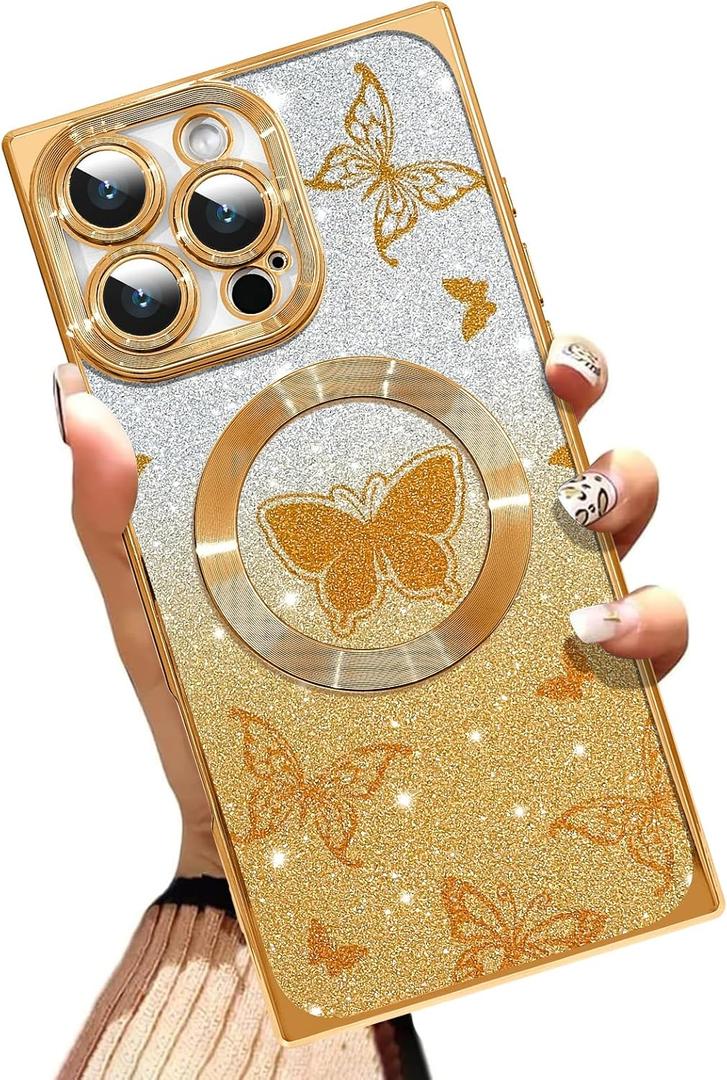 AIGOMARA Phone Case for iPhone 16 Pro [Compatible with MagSafe] Butterfly Design Glitter Bling Case Shockproof Scratch-Resistant Soft TPU Cover for Women - Gold