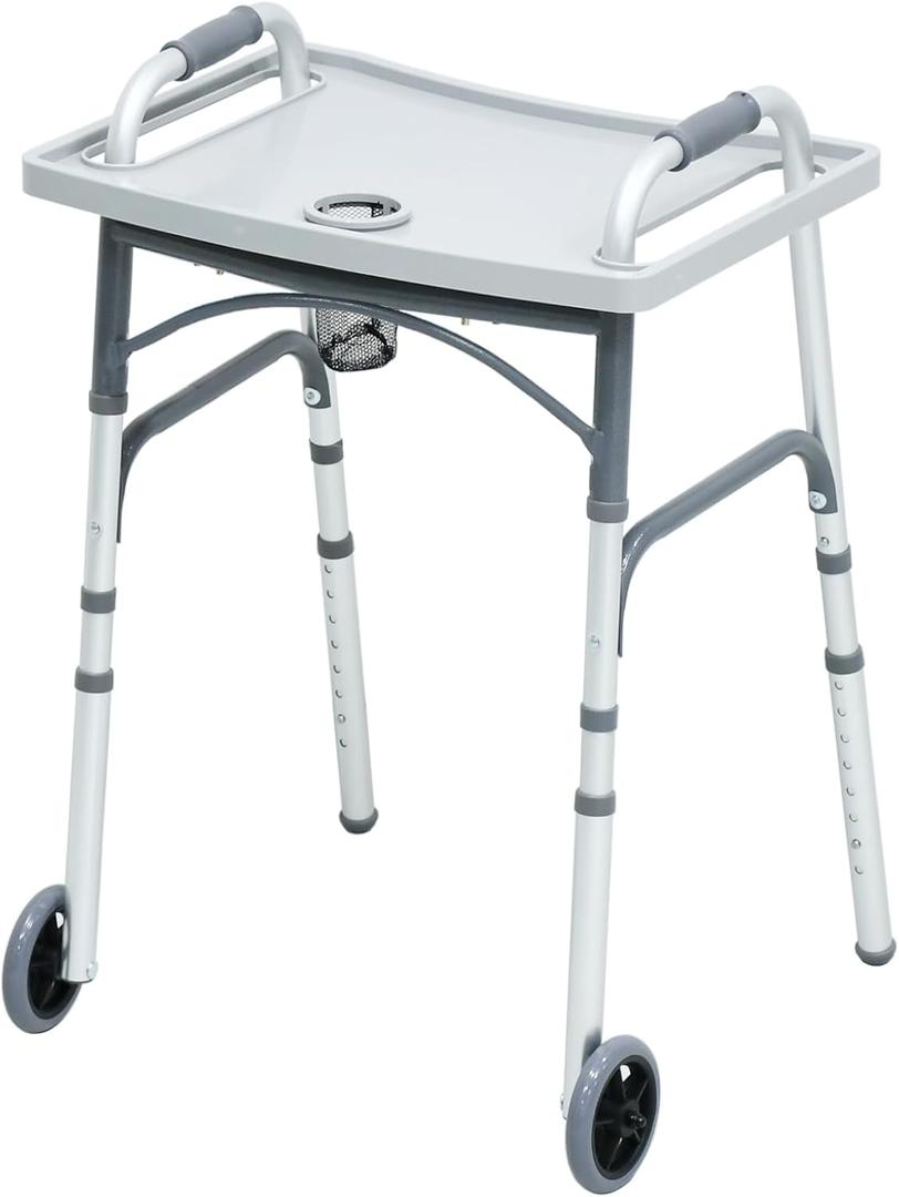 Foldable Walker with TrayLightweight Folding Walker with 5" Wheels Height Adjustable Aluminum Standard Walkers for Seniors up to 350 lbs