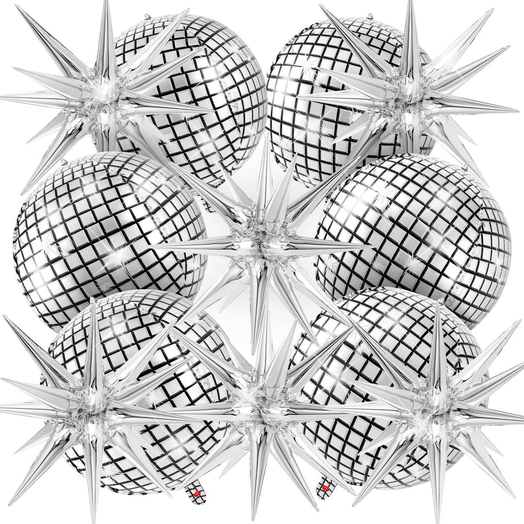 Disco Ball Balloons with Star Balloons, 22 Inch Metallic Silver Foil Balloon for Disco Party Decor Birthday Bachelorette New Year Christmas Party Decorations