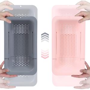 BLUE GINKGO Sink Colander Baskets - (Pack of 2) Wash Vegetables and Fruits, Drain Cooked Pasta and Dry Dishes - Extendable - New Home Kitchen Essentials (Grey & Pink)