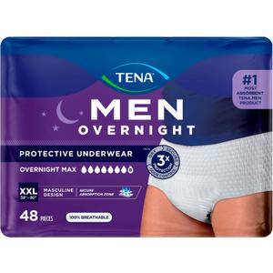 TENA Men Protective Incontinence Underwear for Men, Overnight Max Absorbency, White, XXL, 48 Count (Packaging May Vary)