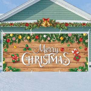 HunnmingRe 16 x 7Ft Christmas Garage Door Banner Decoration Magnetic Garage Door Covers Large Christmas Backdrop Decorations for Indoor Outdoor Xmas Party(Wood Style)
