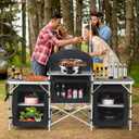 Camping Kitchen Table, Folding Table,Outdoor Cooking Table with Storage Carrying Bag, Aluminum Cook Station with Windscreen and 3 Multifunctional Storage Cupboards, BBQ, Outdoor, RV, Party