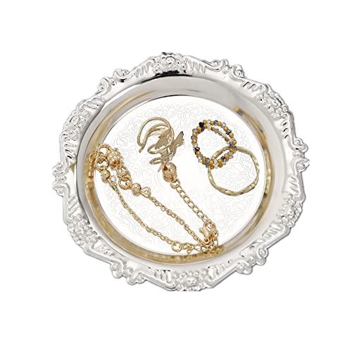 Leewe Round Storage Tray Necklace tray Jewelry Holder Organizer Dessert Plate Fruit DishRing Dish Organizer Holder Home Decor Wedding Gift for Perfume Candle Holiday Party (Silver, Mini)