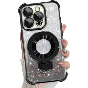 KANGHAR for iPhone 15 Pro Case, Support for MagSafe [Four Corner Cushion Series] Kickstand Electroplate Edge Shockproof Durable Full Body Protection for Girls Women -Black