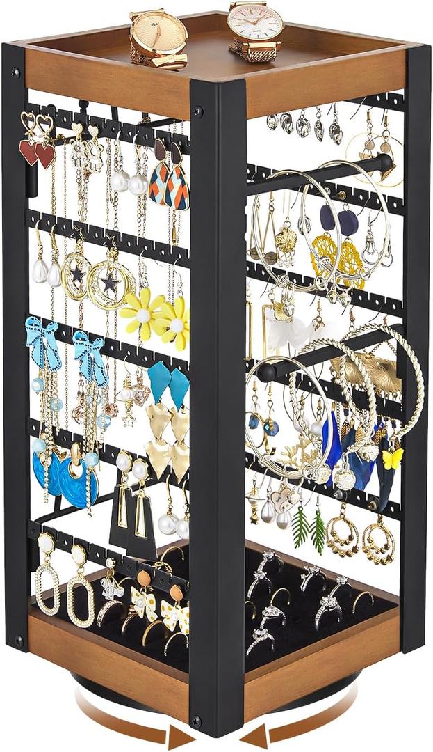 keomaisyto Rotating Earring Holder, Jewelry Holder Organizer with Ring Tray/Necklace/Bracelet Hooks, 360Earring Organizer with Stable Bamboo Base for Jewelry Display (Patent Pending) (Black)