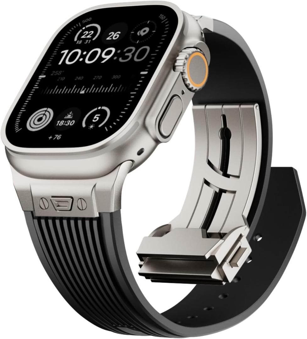 Watch Band for Apple Watch Ultra 2 Band 49mm 46mm 45mm 44mm, Men Luxury Rugged Silicone Rubber Strap with Metal Connector & Folding Clasp for iWatch Series 10 9 8 7 6 5 4 3 2 1 SE (Black)