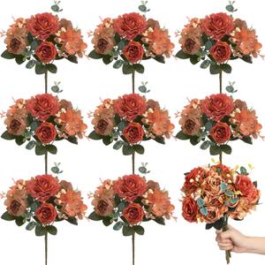 Yunsailing 8 Packs Artificial Peony Flowers Faux Silk Hydrangea Bouquet Vintage Wedding Home Table for Door Decor Reusable Bouquet of Rose Flowers for Valentine Wedding Birthday Party(Dark Orange)