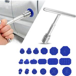 19 PCS Car Dent Repair Puller, 4.72" x 3.74" Body Collision Repair T-Shaped Puller Dent Separator Suction Cup Puller Kit, Paintless Hail Damage Repair Parts, for Most Cars (Blue & Silver)