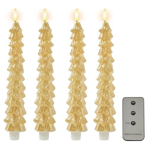 DN DECONATION 4PCS Flameless Christmas Tree Candles with Remote, LED Christmas Flameless Taper Advent Candles Battery Operated, Gold Tree Shaped Fake Candle Sticks for Table Decor Window Decorations