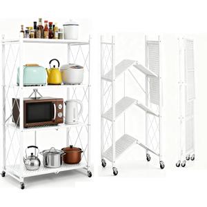 Foldable Storage Shelves with Wheels, 4-Tier Folding Metal Rack Shelving Unit, Rolling Collapsible Organizer Frame No Assembly Pop Up Shelf for Kitchenware, Tools, Books, Plants Storage White