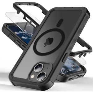 Magnetic Case for iPhone 13/14/15 with Screen Protector, [Shockproof][Compatible with MagSafe][Heavy Duty Protection][Military Grade Drop Protection] 2-Layer Durable Bumper Phone Case 6.1''-Black