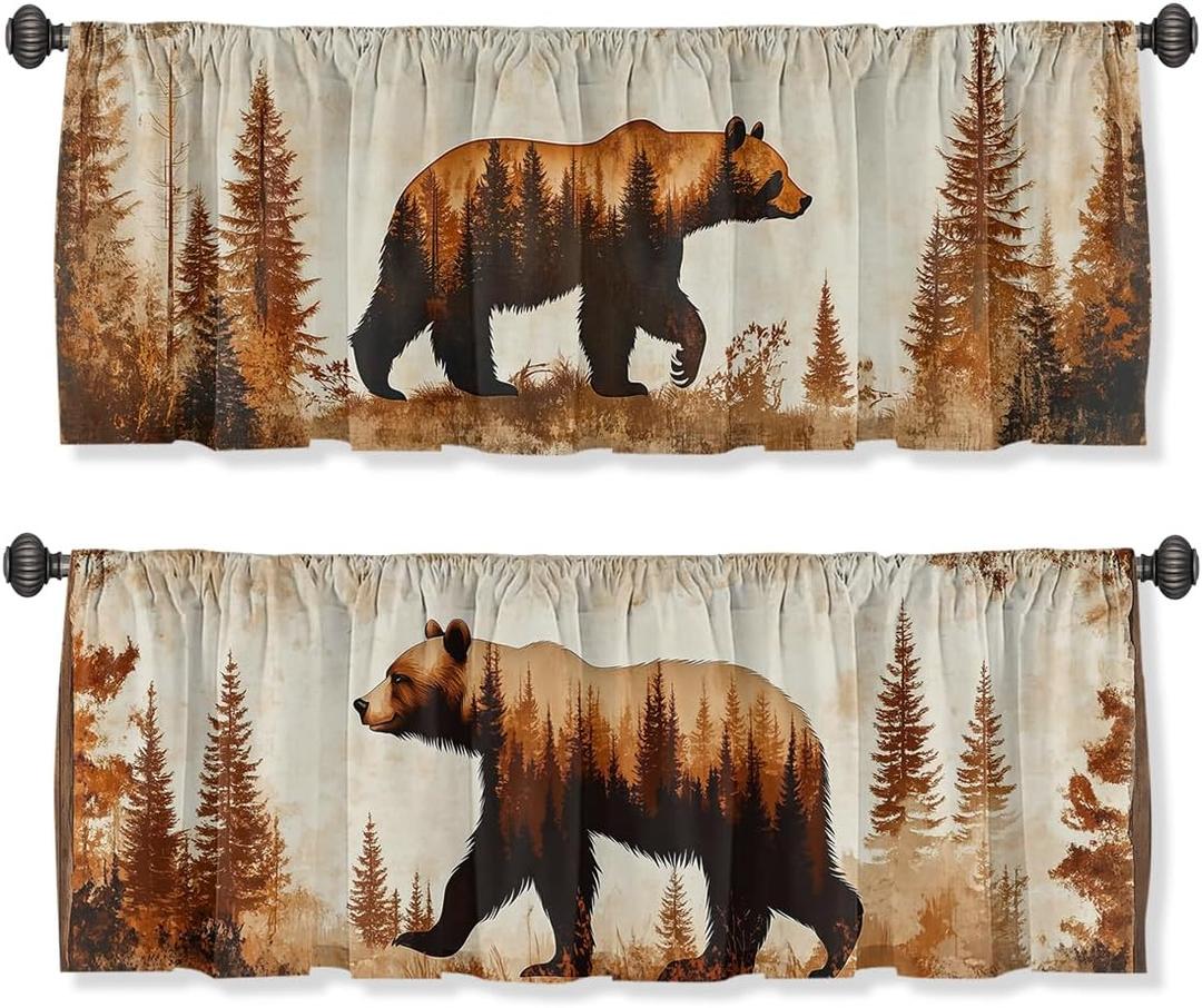 Vintage Bear Valance Curtain for Windows 2 Pack Wildlife Forest Country Nature Rod Pocket Printed Curtain Valances Short Tier Curtains for Living Room Bathroom Bedroom 54x18 Inch