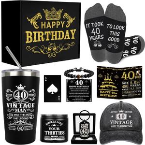 40th Birthday Gifts for Men - Unique Birthday Box with 20 Oz Tumbler, Baseball Cap, Socks, Bracelets, Scented Candle, Happy 40th Birthday Decorations for Husband, Dad, Friends, Boss