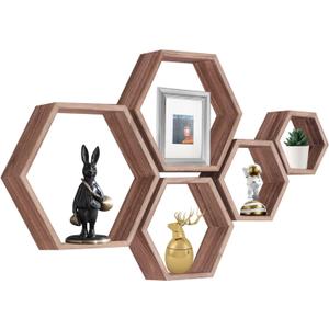 PHOENANCEE Hexagon Floating Shelves,Honeycomb Shelf Set of 5,Octagon Shelves Wall Mounted Hanging Storage Cube Wood for Bathroom Kitchen Bedroom Living Room Office Home (Rustic Carbonized Black)