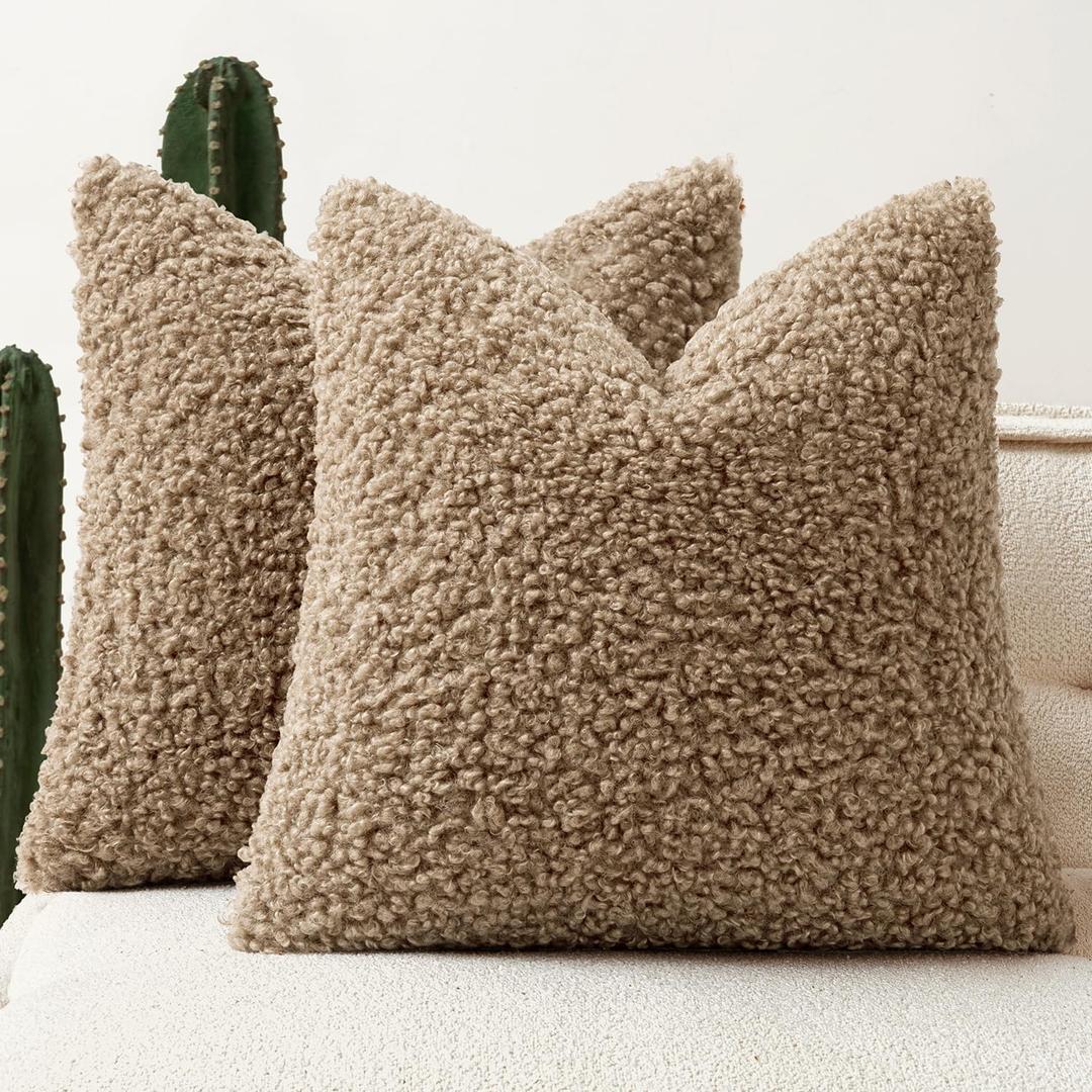 Faux Fur Throw Pillow Covers 20x20 Inch Set of 2 Boucle Neutral Decorative Sherpa Fuzzy Accent Soft Sheepskin Fleece Cushions Modern Home Decor for Couch Sofa Bedroom Living Room,Khaki