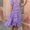 BTFBM Casual Women Summer Dresses 2024 Puff Sleeve Floral Maxi Dresses Smocked Backless Flowy Tiered Beach Long Dress (Purple, L)