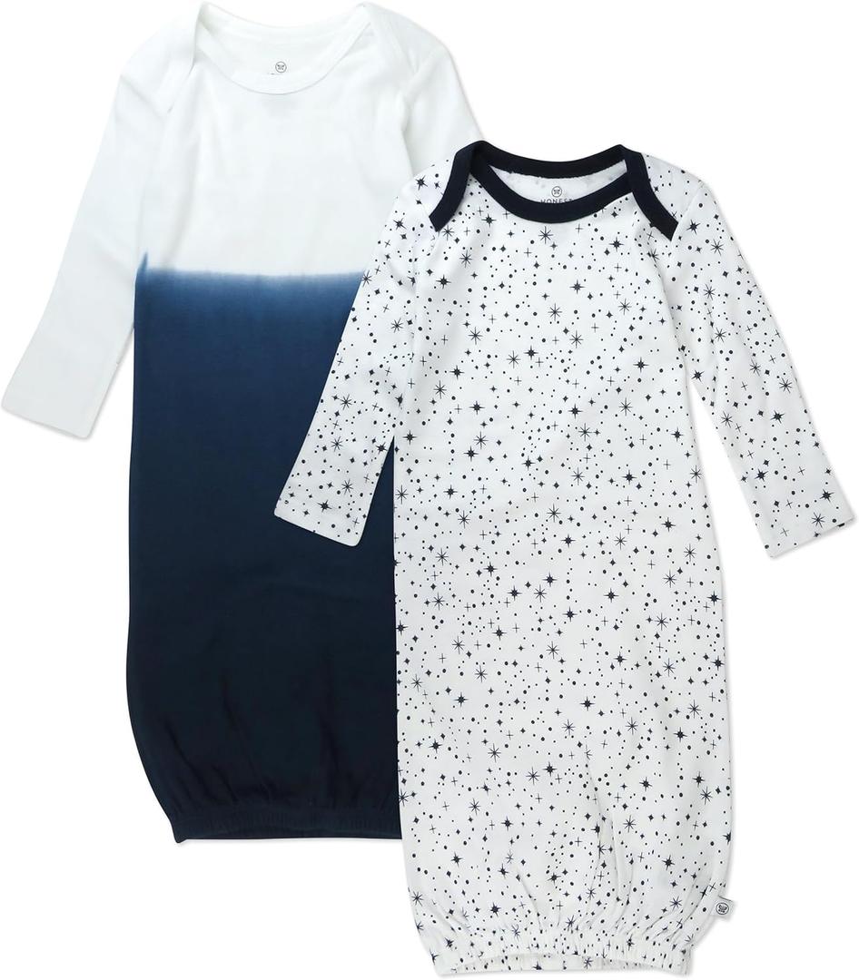 HonestBaby 2-Pack Sleeper Gowns Layette Sets 100% Organic Cotton for Newborn Baby Boys, Girls, Unisex (0-6 Months, Twinkle Star White/Navy)