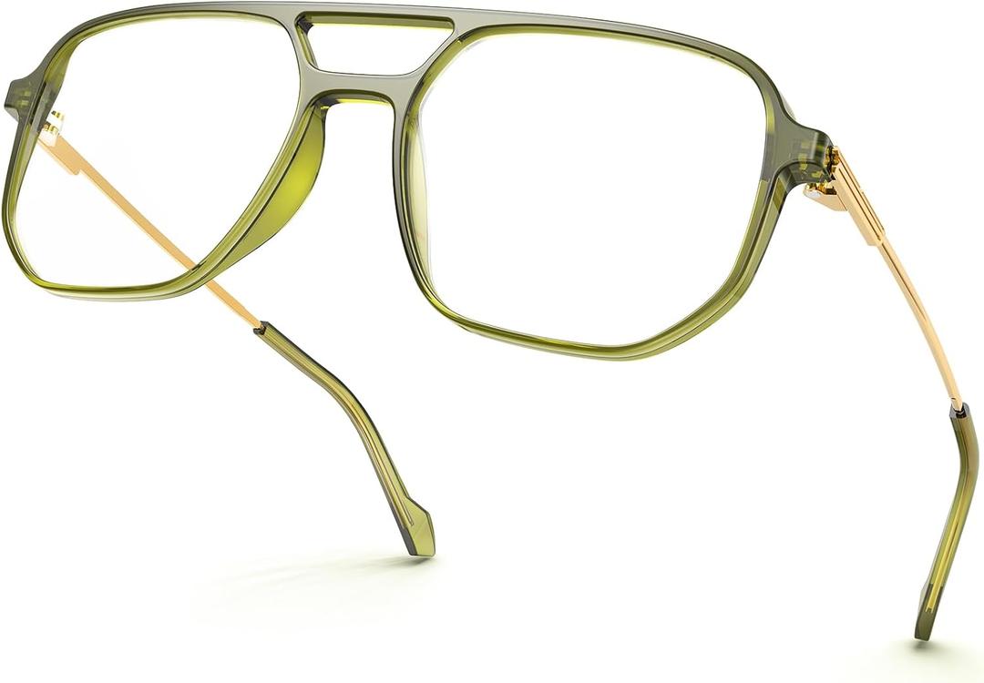 VISOONE TR90 Blue Light Blocking Glasses Women Men Octagon Aviator Anti Eyestrain Lightweight Metal Temple Marion (Olive Green)