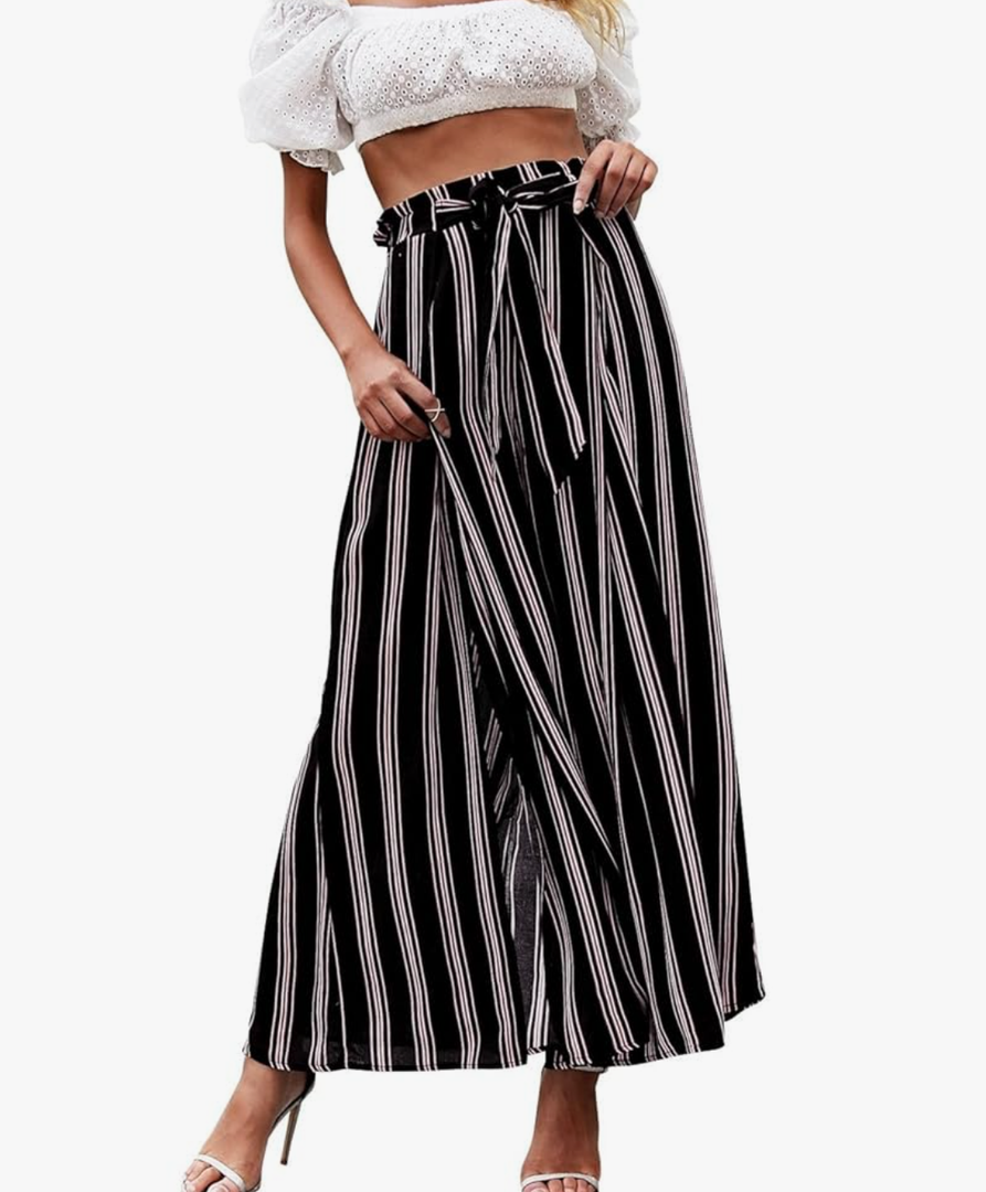 GRACE KARIN Women's 2025 Summer Wide Leg Palazzo Pants Elastic High Waisted Boho Casual Flowy Beach Pants with Pockets Small Black With Stripes