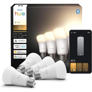 Philips Hue Smart LED A19 Bulb 4-Pack, Warm White Light 2700K, E26 Base, 9W, 810 Lumens, Dimmable LED Bulbs, Works with Alexa, Google Assistant, and Apple Home