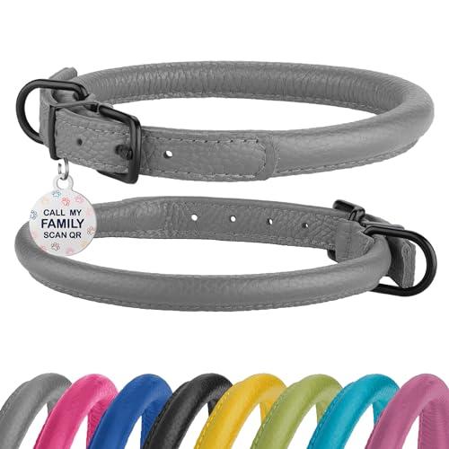 Rolled Leather Dog Collar Soft Round Collars, ID Tag for Small Medium Large Dogs (9-12 inch, Smoke Grey)