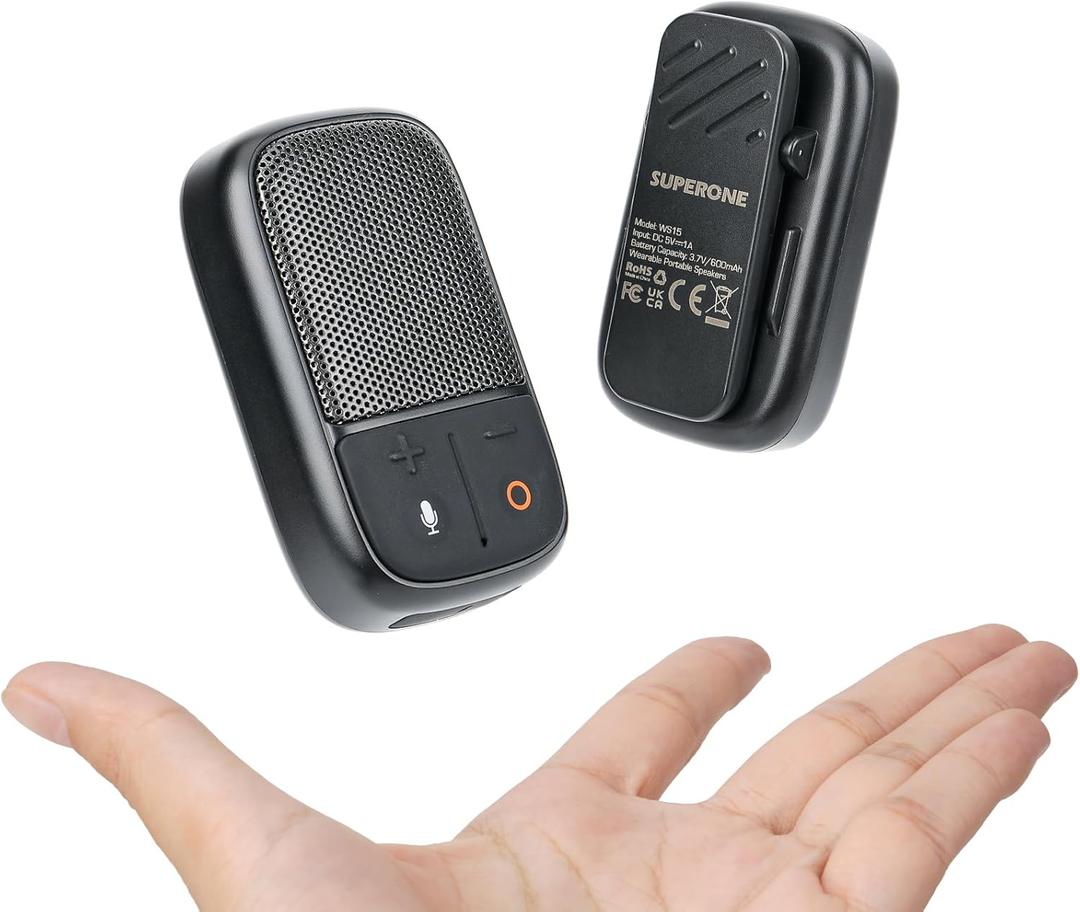 SUPERONE (Updated Version) Wearable Bluetooth Speaker with Voice Assistant & Mic, IPX7 Waterproof Clip-on Portable Speaker, TWS Pairing, Up to 30H of Play, for Outdoor Golf Work Pool
