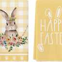 Artoid Mode Yellow Buffalo Plaid Bunny Rabbit Happy Easter Kitchen Towels Dish Towels, 18x26 Inch Spring Summer Holiday Decoration Hand Towels Set of 2
