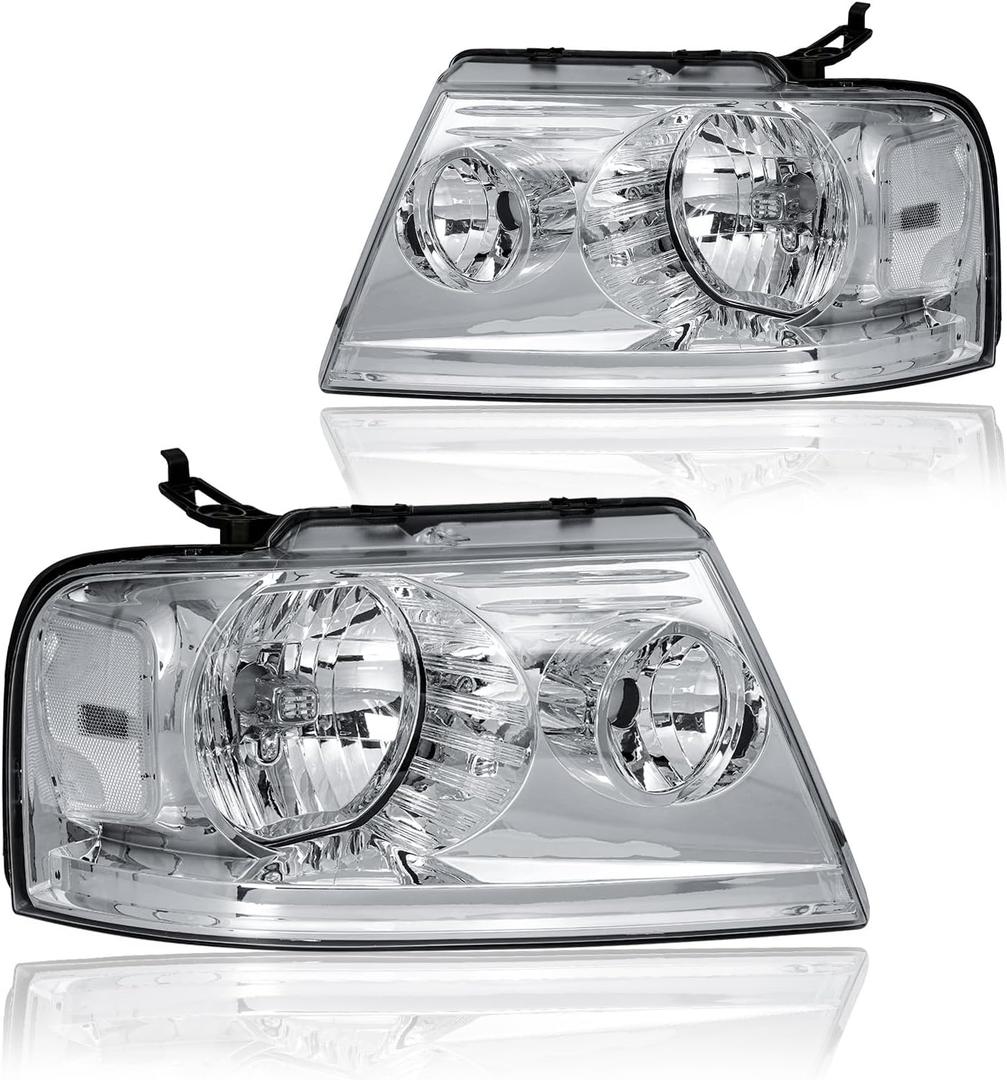 Headlight Assembly, Headlights Kit Compatible with 2004-2008 Ford F150/2006-2008 Lincoln Mark LT Replacement Headlamp Chrome Housing Clear Reflector