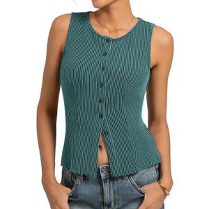 Kate Kasin Women Summer Going Out Tank Tops Y2K, Button Up Sleeveless Top, Ribbed Knit Sweater Vest Trendy (S)