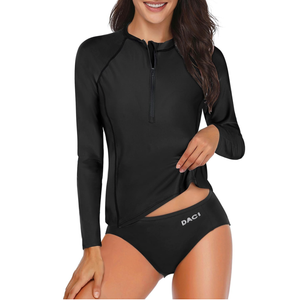 Daci Women 2 Piece Rash Guard Long Sleeve Zipper Bathing Suit with Bottom Built in Bra Swimsuit UPF 50, M
