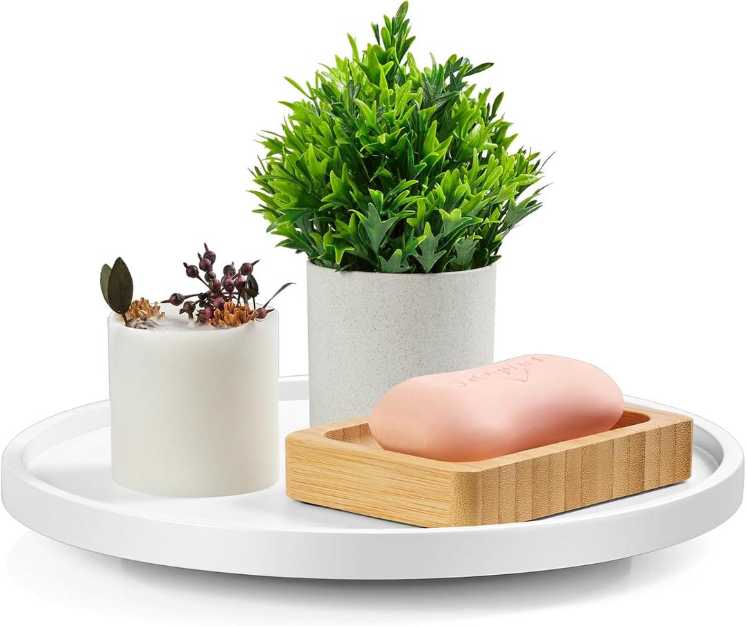 10" Wood Lazy Susan Turntable Organizer, Lazy Susan for Table Top Cabinet Dining Pantry Countertop Cupboard Organization, Decorative Tray for Kitchen Bathroom Decor Coffee Bar Accessories, White (10" with Low Rim)