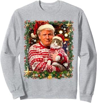 Funny Trump Christmas Sweater for Cat Lovers Xmas Pajamas Sweatshirt Small Gray